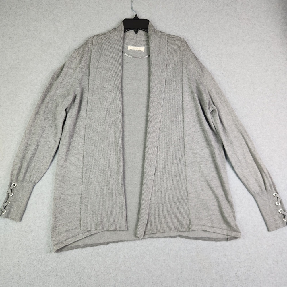 Lovestitch Cardigan Sweater Womens Large Gray Knit Lace Up Cuff Shawl Open Front
